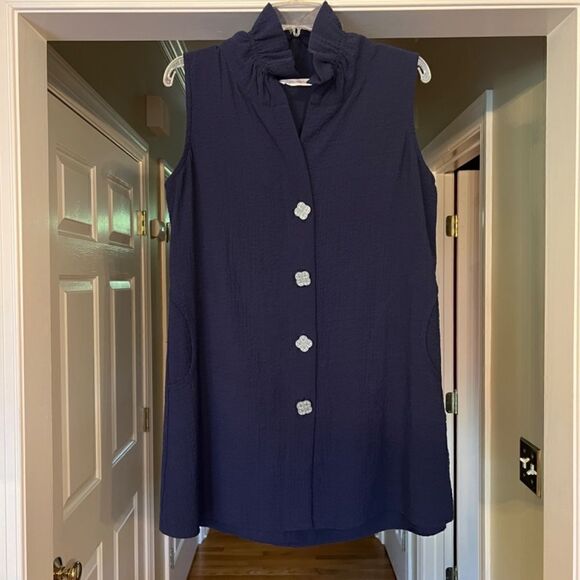 NWOT Soft Surroundings‎ Button Front Navy Blue Crinkle Tunic Top Shirt Sz SMALL - Picture 2 of 5
